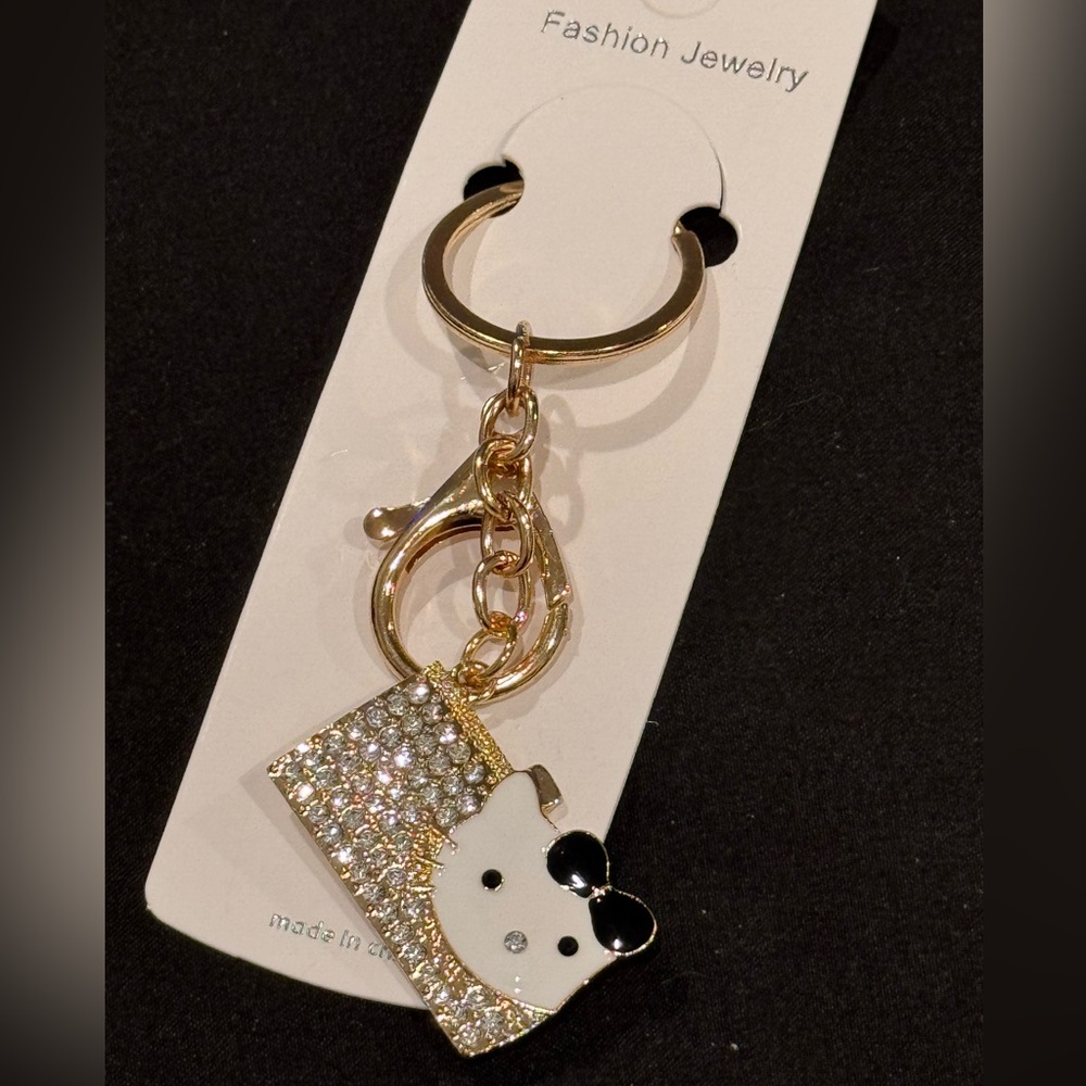 BAG CHARM Gold Tone Black Bow Hello Kitty Sparkly Purse Keychain